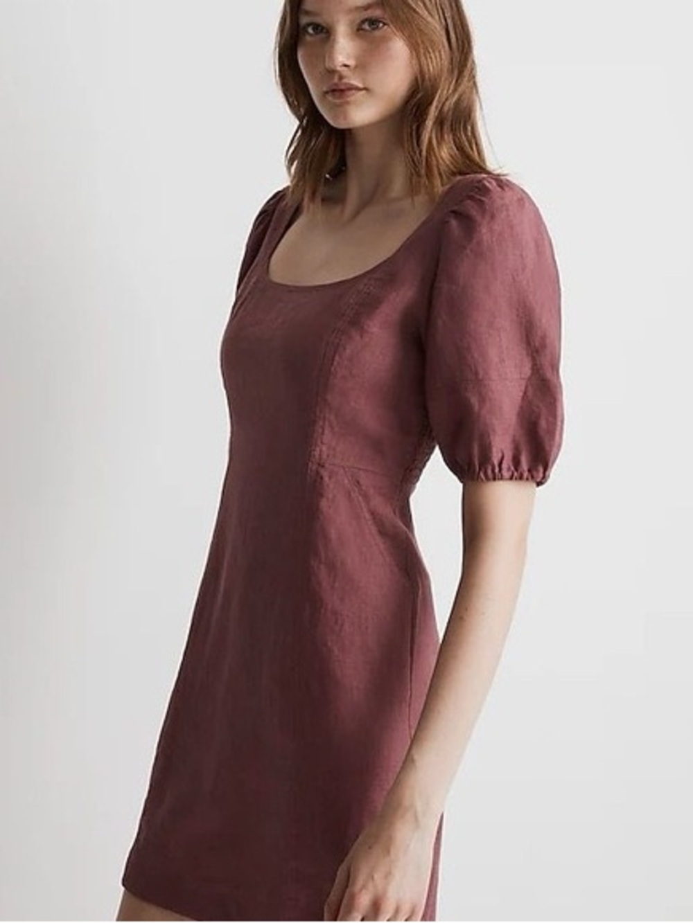 Madewell Maise Mini Dress - Mauve Puff-Sleeve Linen Dress